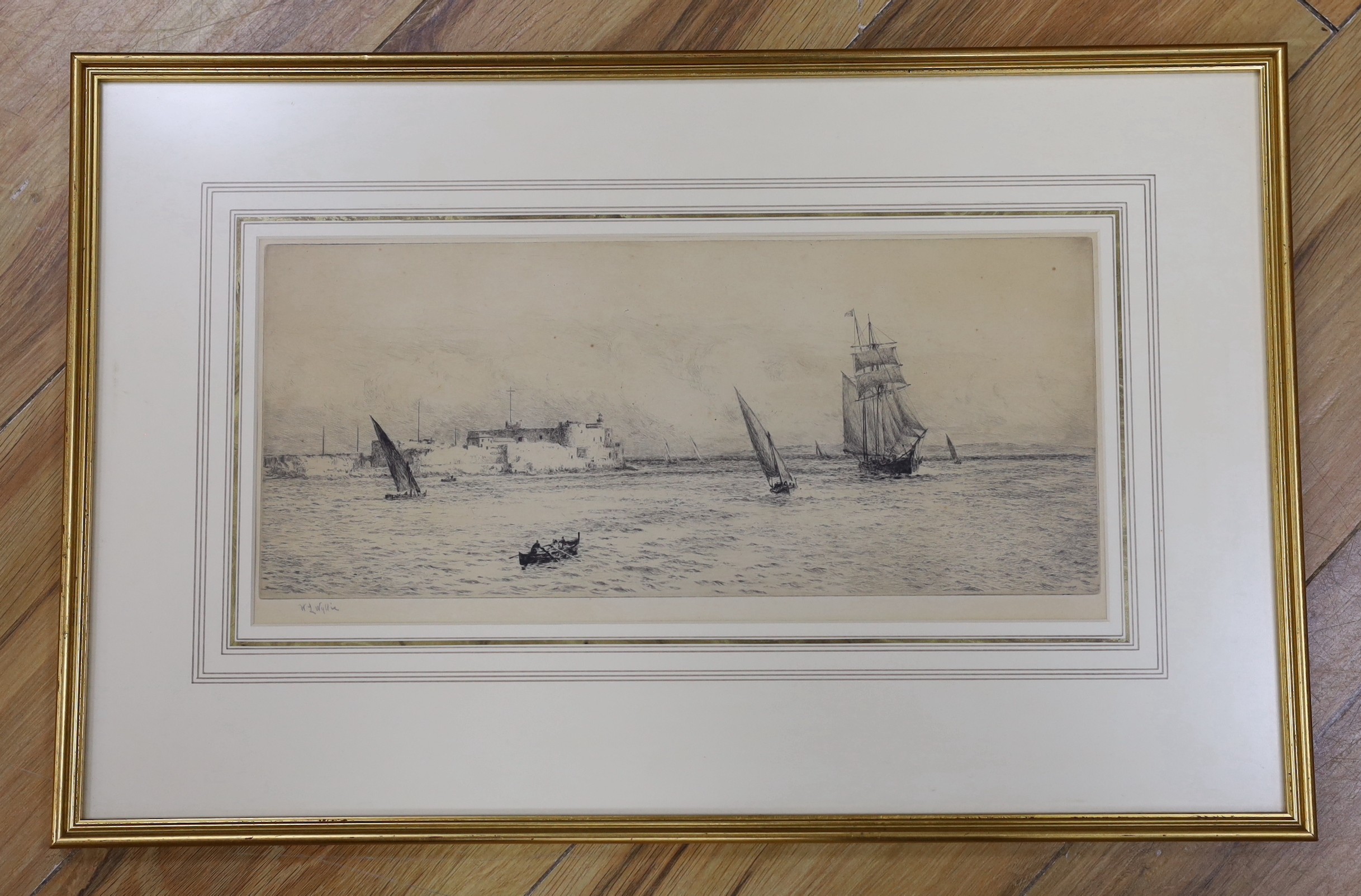 William Lionel Wyllie (1851-1931), drypoint etching, 'Syracuse', signed in pencil, 16 x 37cm